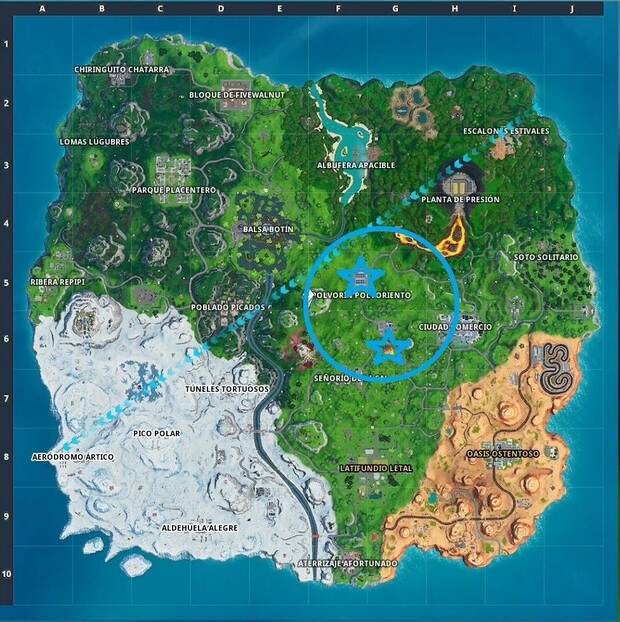 Fortnite - Elimina enemigos en Polvorín Polvoriento o el meteorito