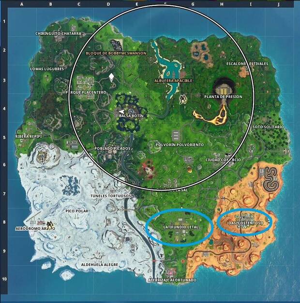 Fortnite - Elimina enemigos en Oasis Ostentoso o Latifundio Letal