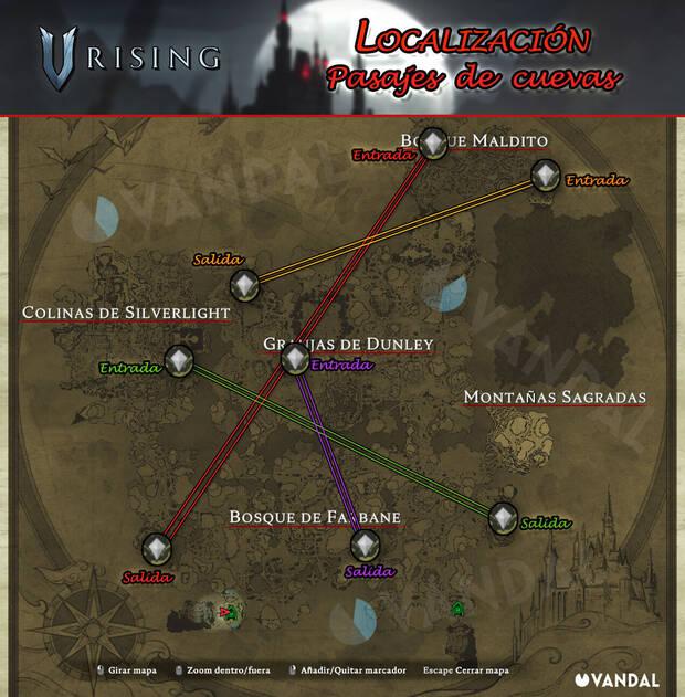 V Rising - Mapa con localizaciones de pasajes de cuevas