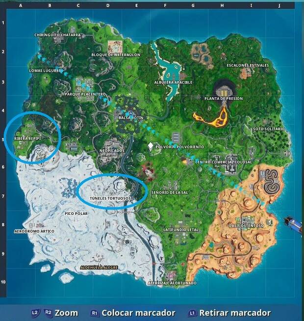 Fortnite - Visita Ribera Repipi y Túneles Tortuosos en la misma partida: mapa