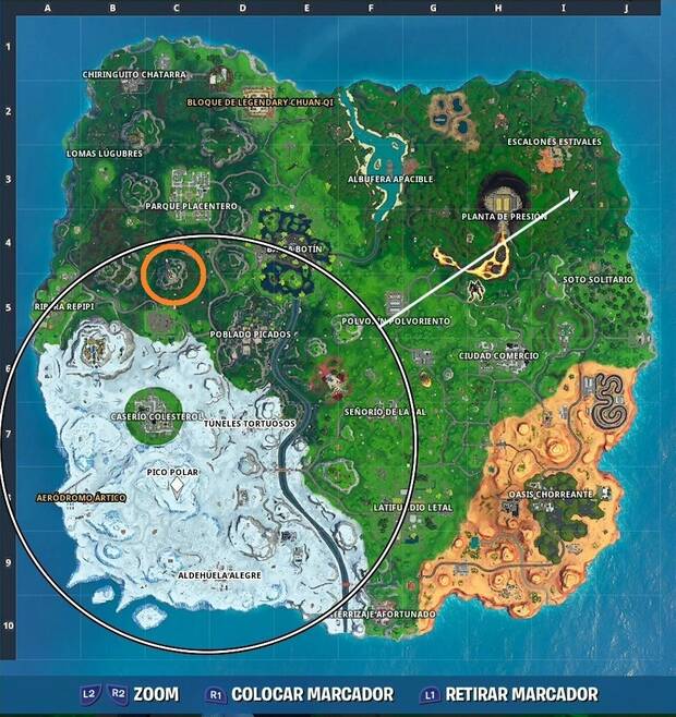 Fortnite - Pilotos de tormentas: aterriza en una cima coronada de un círculo de árboles
