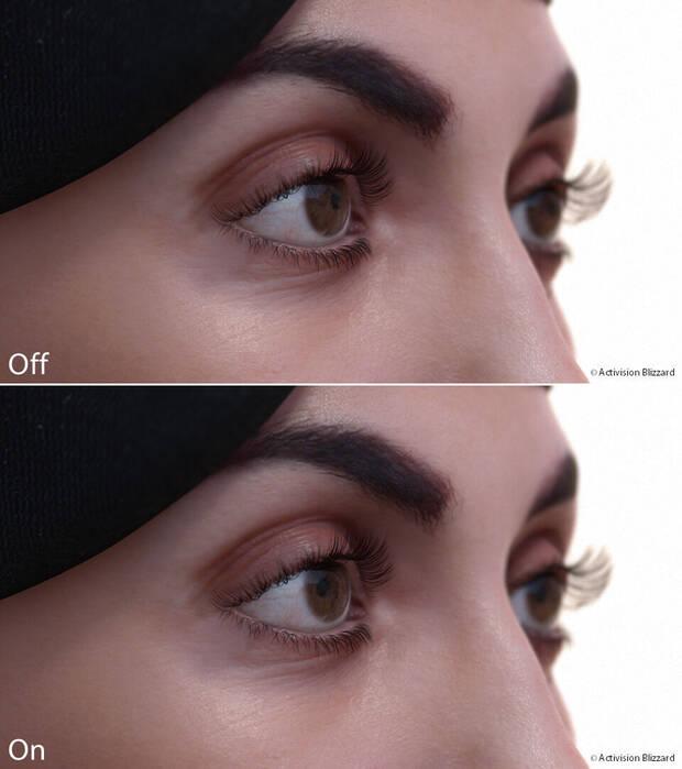 La luz se refracta nuevamente antes de salir de los ojos. Si no se incluye esto en el modelado de los ojos se nota que no están bien. La imagen superior no tiene en cuenta este efecto y la inferior sí lo hace.