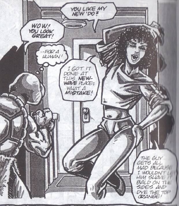 April O'Neil despues de hacerse un peinado afro o una permanente