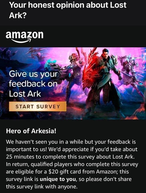 Amazon paga 20 dlares por responder a una encuesta de Lost Ark