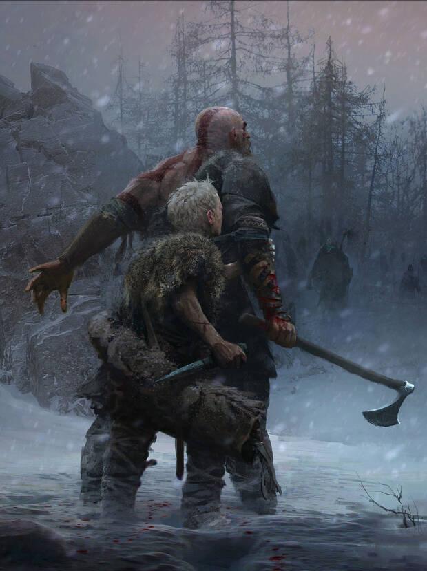 En la mayoría de ilustraciones Kratos hace el gesto de proteger a Atreus.