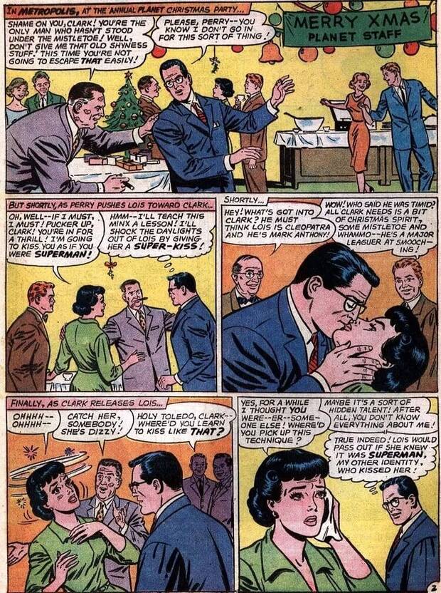 Clark le da el beso amn�sico a Lois Lane durante una fiesta navide�a (Action Comics #306, 1963)