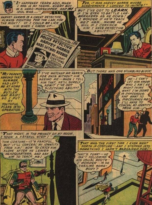 Batman narra cómo decidió seguir a Harvey Harris y tomarle como ejemplo (Detective Comics #226, 1955)