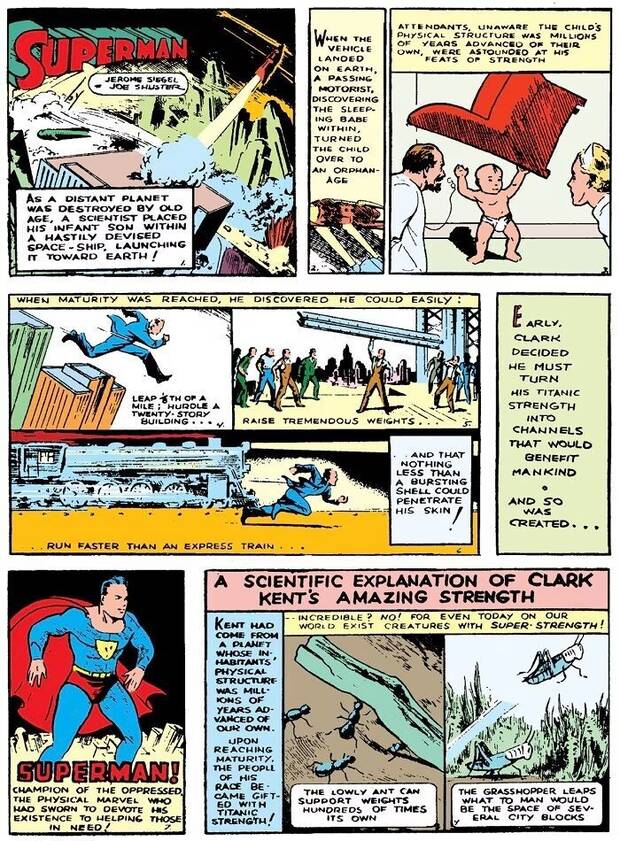Viñetas de Action Comics #1 (1938), el primer cómic donde apareció Superman con el traje original