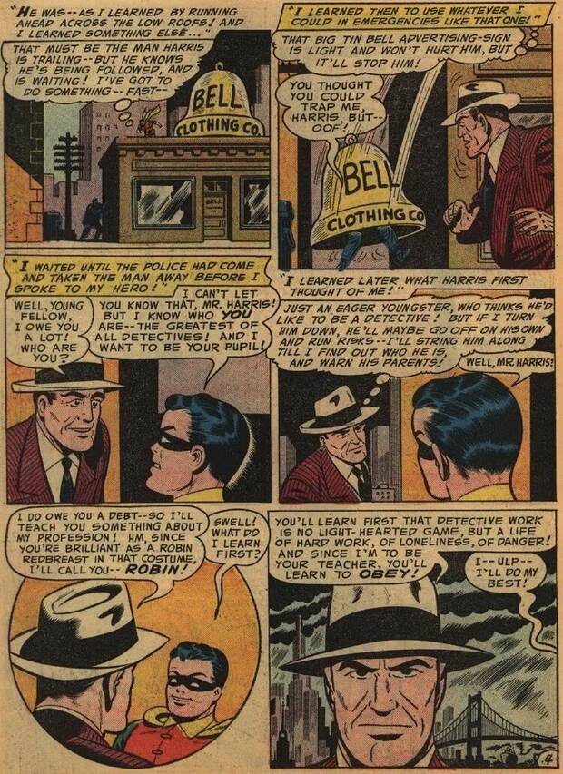 Panel de Detective Comics #226 con Harvey Harris reconociendo a Bruce Wayne como el primer Robin