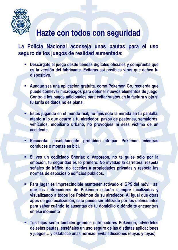 La Polica Nacional realiza un cdigo de conducta para que juguemos a Pokmon GO con seguridad Imagen 2