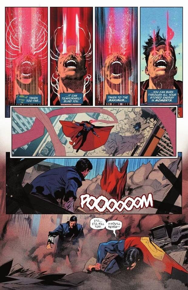 Clark espera a que su doble se quede sin energía tras usar demasiado tiempo la visión de calor (Action Comics #1058, 2023)