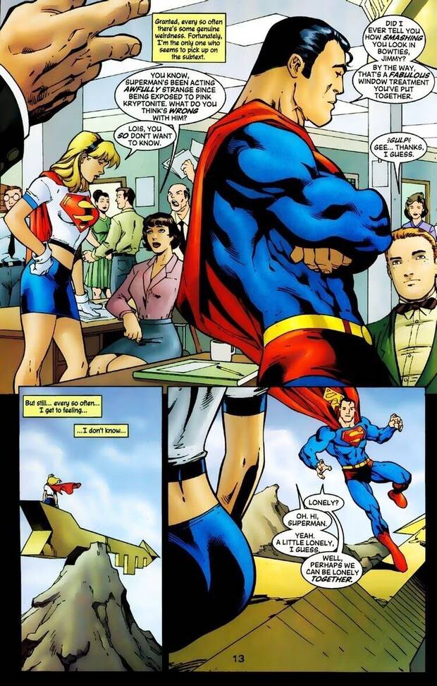 Panel de Superman afectado por la kryptonita rosa en Supergirl #79 (2003)