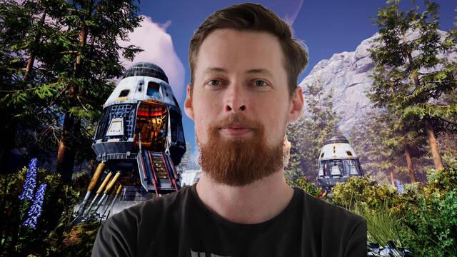 Michal Kolejak, de GRIP Studios, sobre un fondo del videojuego Icarus