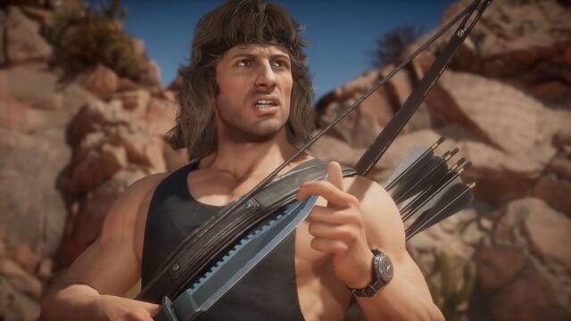 Jugabilidad de Rambo en Mortal Kombat 11.