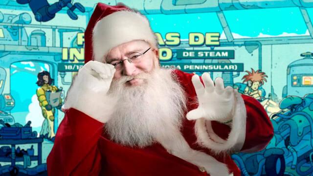 Montaje del arte promocional oficial de las Rebajas de Invierno de Steam. Muestra la fecha de inicio (18 de diciembre), la fecha de fin (5 de enero) y la hora (19:00 hora peninsular).
