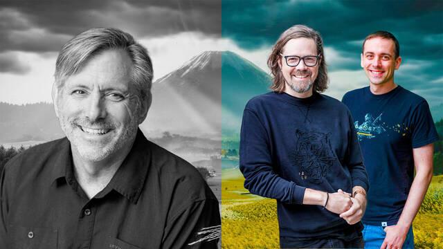 Montaje con Brian Fleming (izquierda) y los nuevos directores Jason Connell y Adrian Bentley (derecha) sobre fondo del Monte Yotei