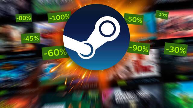 Logotipo de Steam rodeado de etiquetas de descuentos de hasta el 90% para las Rebajas de Invierno 2025.