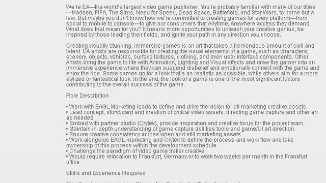 Un anuncio de trabajo menciona un nuevo juego de EA y Crytek