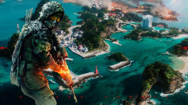 Imagen de soldado en Battlefield 6 y de fondo un arte conceptual de uno de los nuevos mapas.