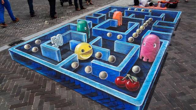 Pac-Man es inspiración para una pintura de efecto tridimensional