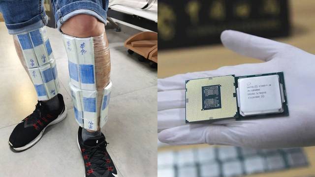 Un contrabandista con cientos de procesadores atados a sus piernas