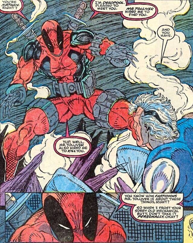 �Cu�les son los or�genes reales de Deadpool en los c�mics? - Vi�eta de la primera aparici�n de Deadpool en The New Mutants #98 (1991)