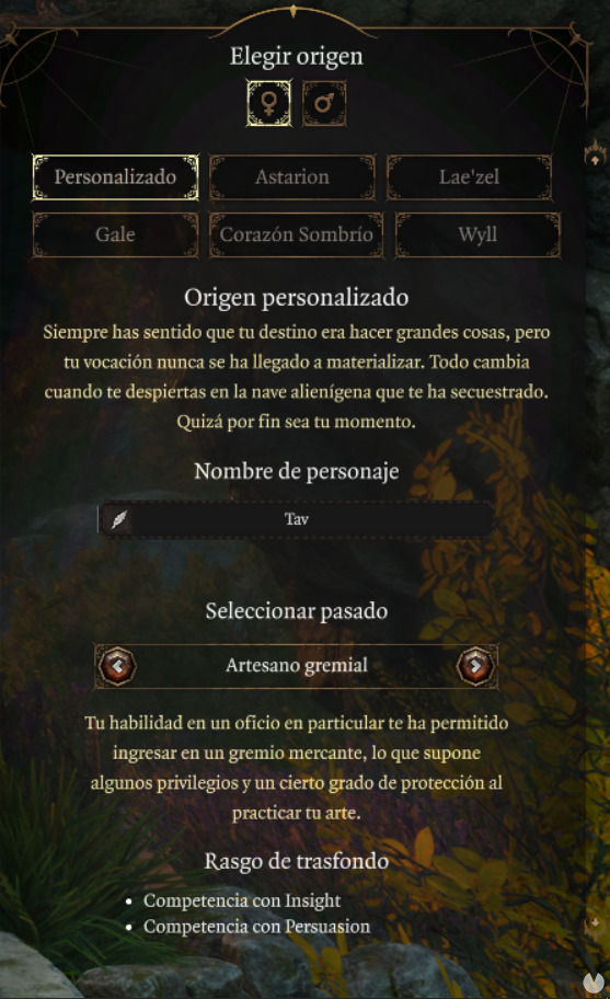 Baldur's Gate 3 - Pestaña de orígenes