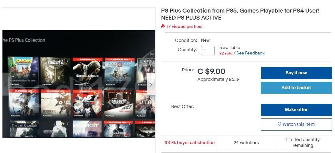 Usuarios de PS5 vendiendo acceso a PS Plus Collection en eBay.