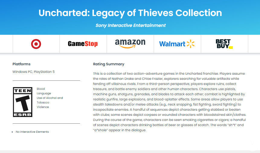 Uncharted: Legacy of Thieves Collection en ESRB.