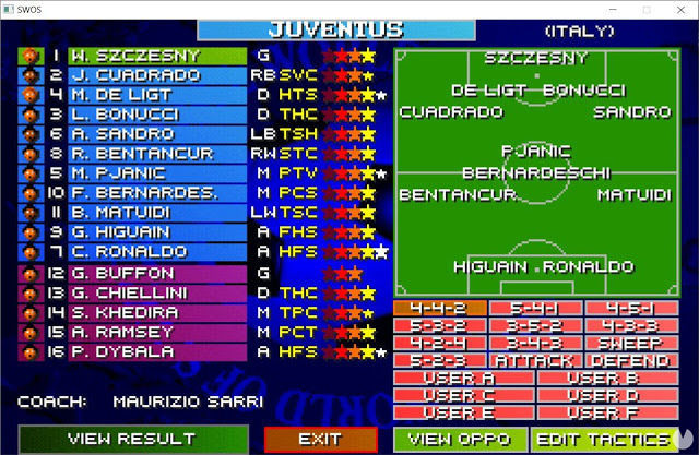 Sensible World of Soccer management and line-ups