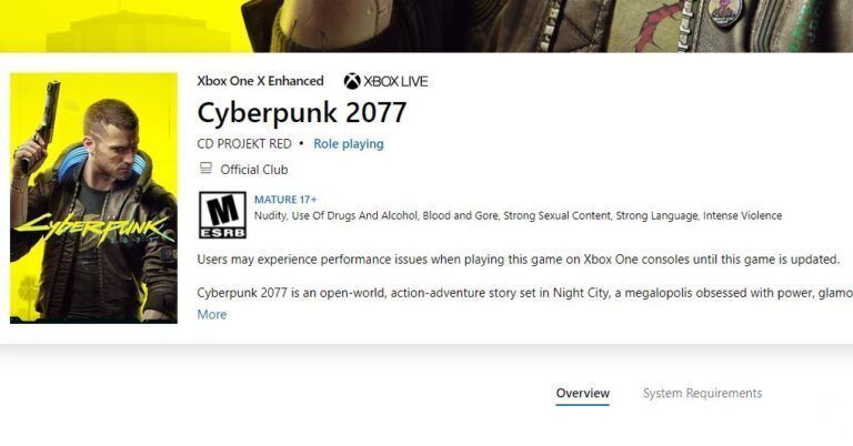 Advertencia de Cyberpunk 2077 en Xbox