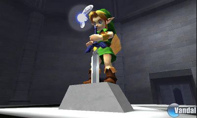 Link nio sacando la Espada Maestra de su pedestal en Ocarina of Time 3D