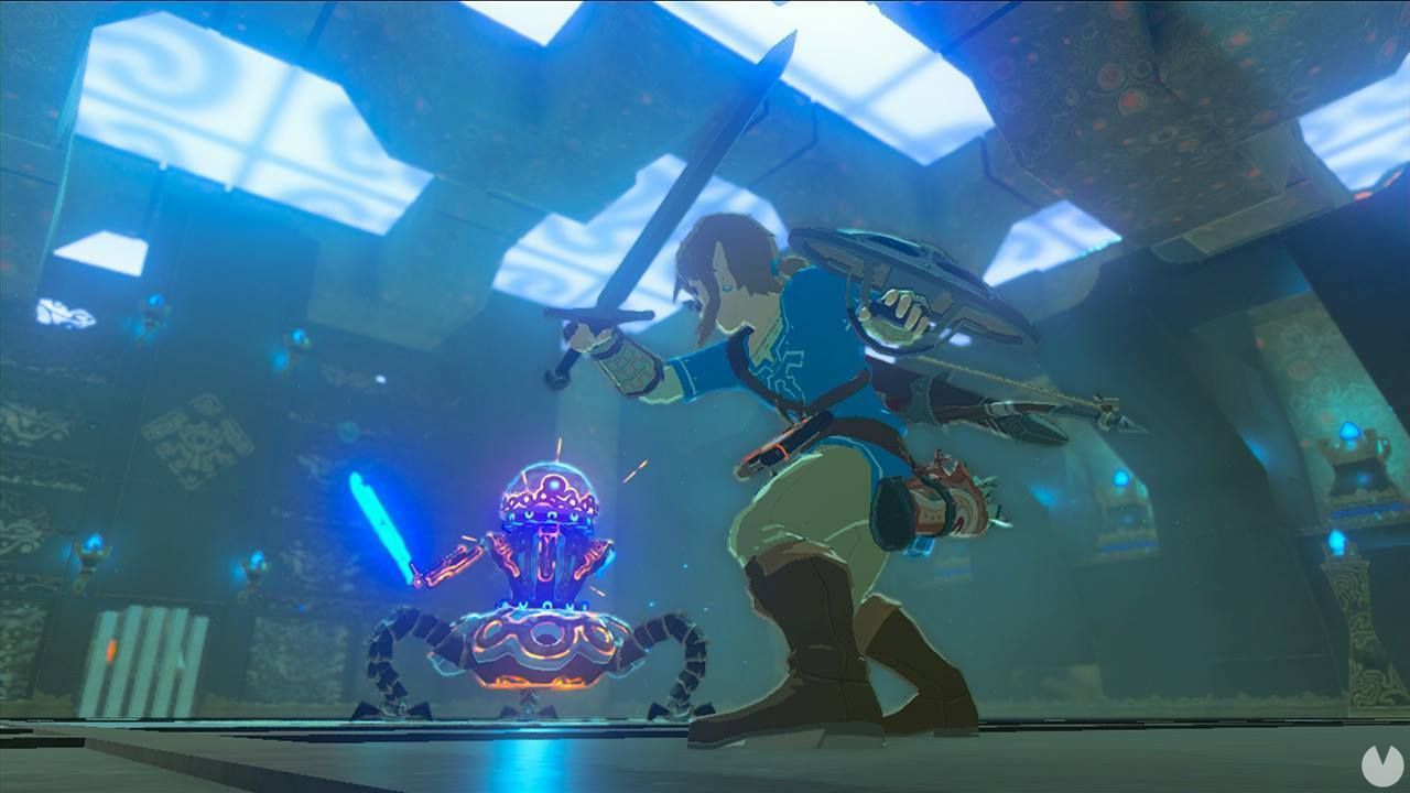Imagen de The Legend of Zelda Breath of the Wild en la que Link lucha contra un guardián