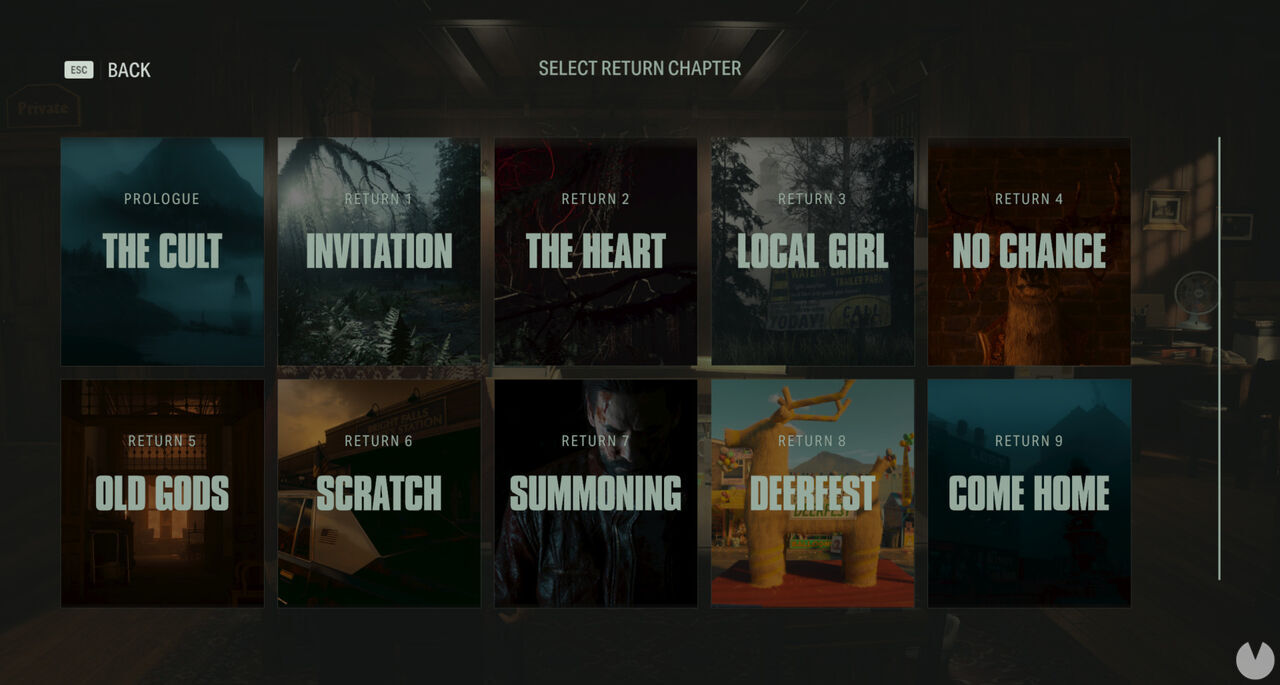 Menú de selección de capítulos de Alan Wake 2.