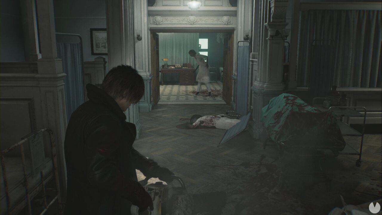 Resident Evil Requiem - Patient Center (II), more infected appear in the room while Leon wields the chainsaw