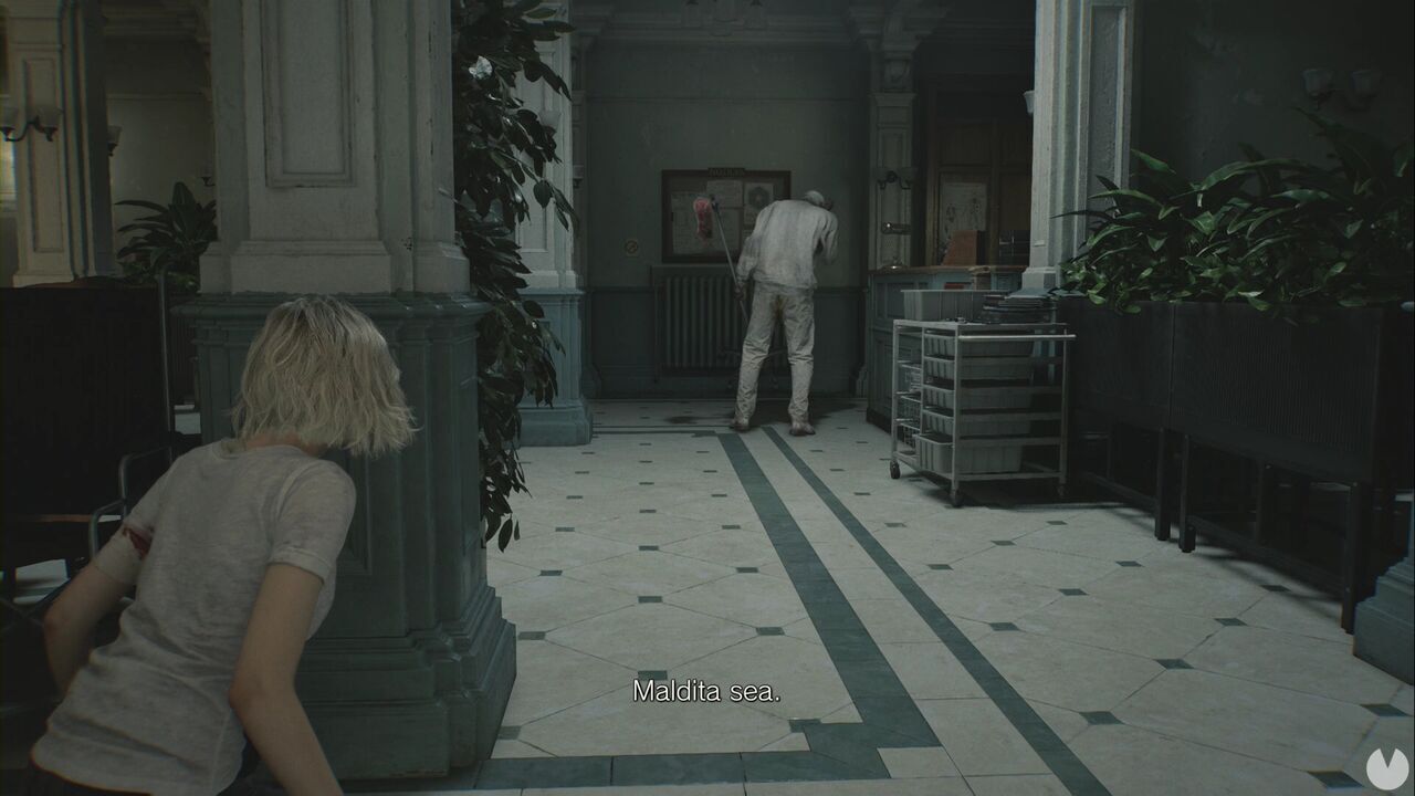 Resident Evil Requiem - Patient Center (III), armed zombie at one side of the Waiting Room