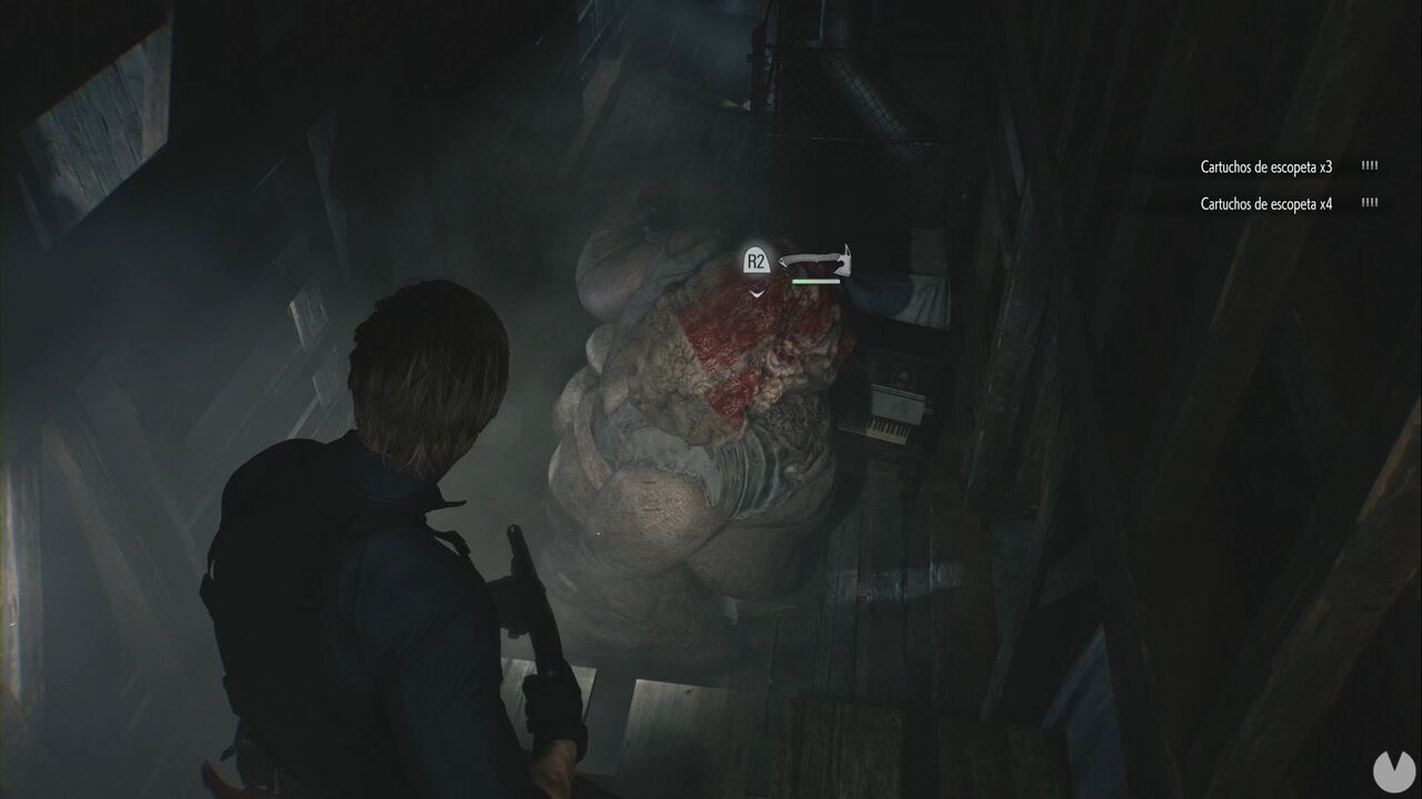 Resident Evil Requiem - Care Center (IV), Leon prepares a critical attack from the top of the scaffolding in the Attic