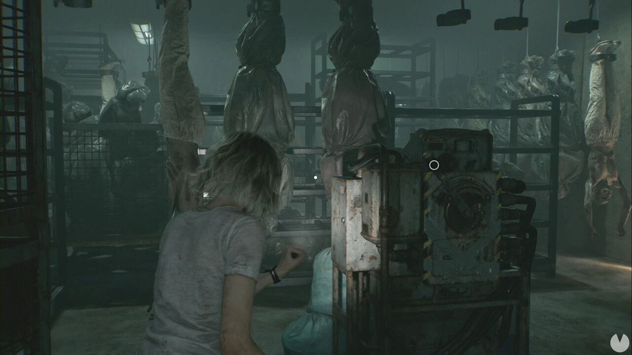 Resident Evil Requiem - Patient Center (V), bodies hanging from hooks in the Inspection area, with several gaps that you can slip through
