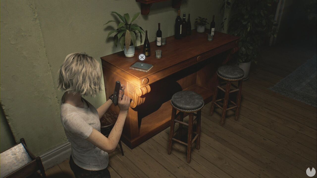 Resident Evil Requiem - Care Center (V), cabinet with bottles and the Visitor Record near the entrance to the courtyard house