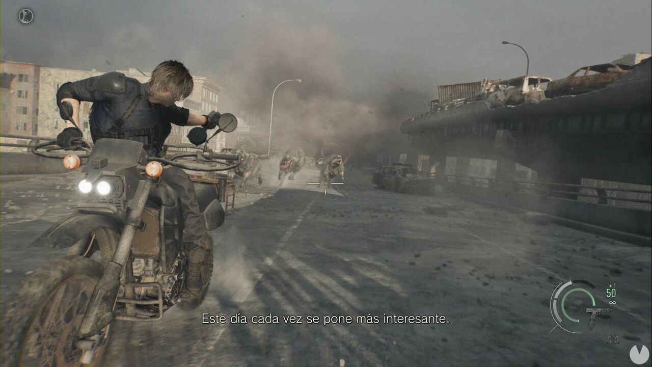 Resident Evil Requiem - East Raccoon City, Leon shoots at mutant dogs while driving along the motorway