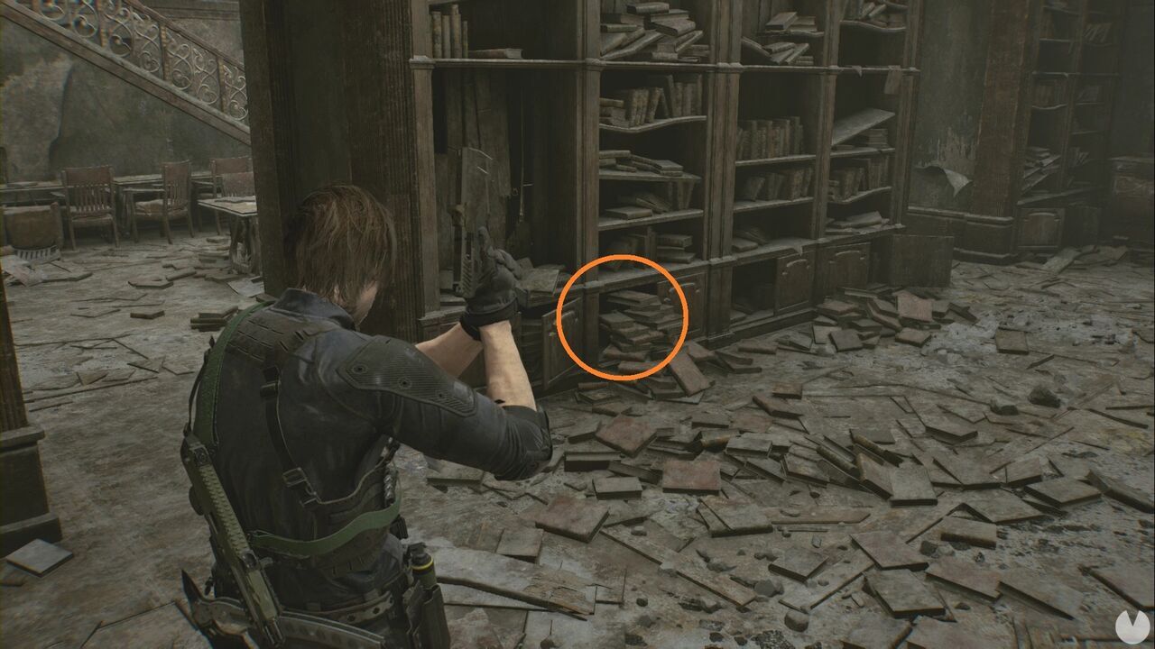 Resident Evil Requiem - R.P.D., location of the Mr. Raccoon hidden in the police station's first-floor Library, among some books at the base of the central bookcase
