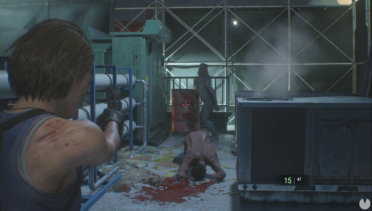 Resident Evil 3 Remake - Downtown: zombies and a red barrel