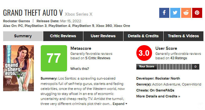 Review bombing a GTA 5 en Xbox Series X/S.