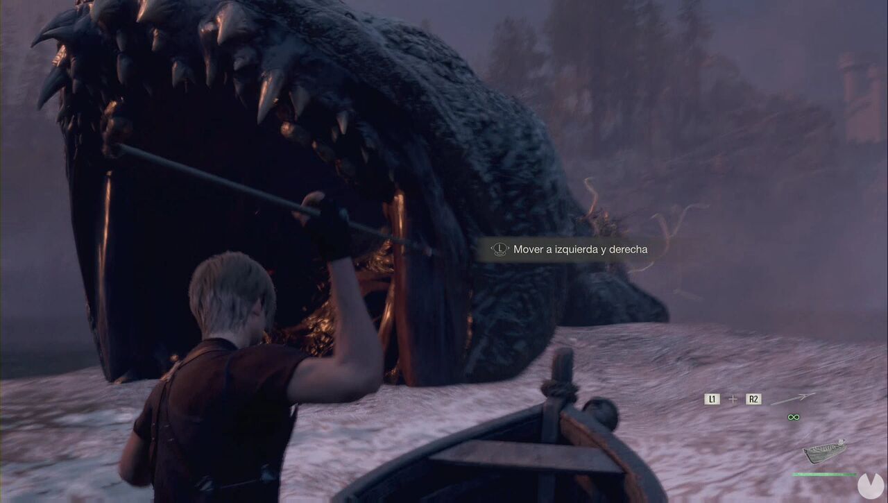 Resident Evil 4 Remake - Chapter 3: Leon throws a harpoon at the lake monster