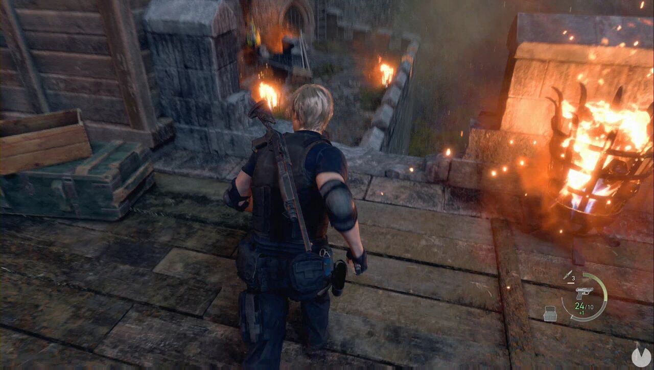 Resident Evil 4 Remake - Chapter 8: Leon jumps over the edge of the battlements while fleeing from a troll