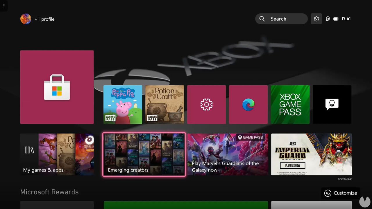 Sección de creadores emergentes en Xbox.