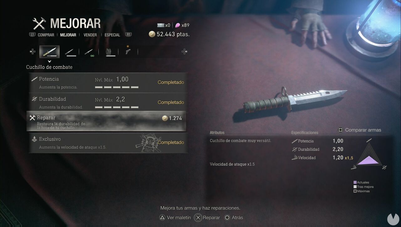 Resident Evil 4 Remake - Knife repair menu