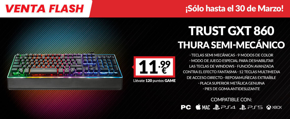 Consigue el teclado Trust GXT 860 Thura semi-mecánico en GAME por sólo 11,99 euros. Noticias en tiempo real