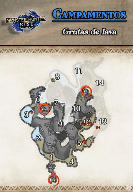 Monster Hunter Rise - Todos los campamentos de Grutas de lava (Localizaci