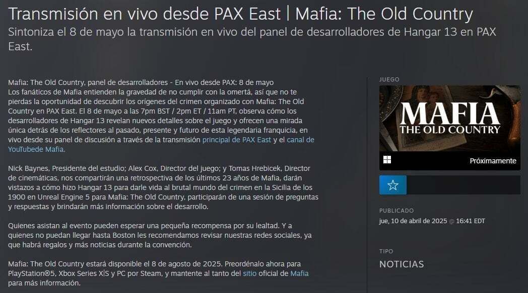 Mafia: The Old Country se lanza el 8 de agosto filtrado por 2K